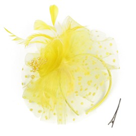 QDC Fascinators for Women Tea Party Headband Hats Cocktail Flower Mesh Feathers Headwear Hair Clip for Wedding Yellow