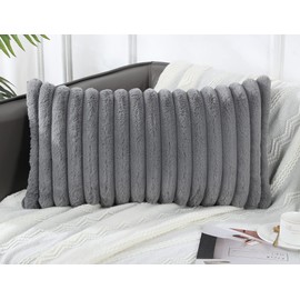 PANOD Faux Fur Decorative Lumbar Throw Pillow Covers 12 x 26,Long Boho Lumbar Pillow Covers Pillow Case Cushion Case for Bed Sofa Farmhouse Livingroom,Grey