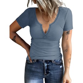 AKEWEI Short Sleeve Shirts for Women Trendy Tops for Women 2023 Summer Tops with Sleeves Fashion Tops for Women Trendy 2024 Spring Blue S