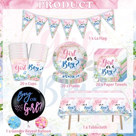 63 Pcs Baby Girl Baby Boy Gender Reveal Party Tableware Set, Gender Reveal Decorations Gender Reveal Party Tableware Includes Plates Cups Napkins Tablecloths Gender Reveal Balloons Banner (20 Guests)