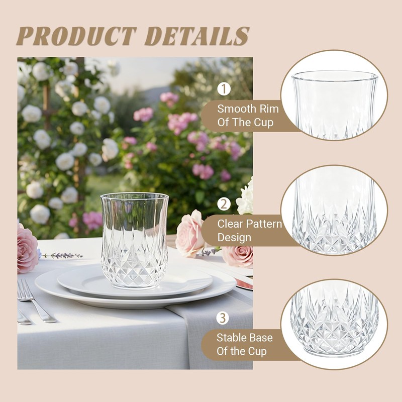 LEYIQU 24 Pack Plastic Stemless Wine Glasses,12oz Unbreakable Vintage Elegant