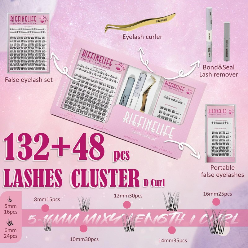 Lash Clusters Kit，Natural Eyelash Clusters Kit 8-18mm 180PCS Whispy DIY