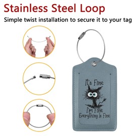 GACCAP 2 Pack Luggage Tags for Suitcase, Privacy Cover ID Label with Stainless Steel and Address Card for Travel Bag Backpack Cruise Ship Essentials Tag Women Men - I'm Fine Funny Cat