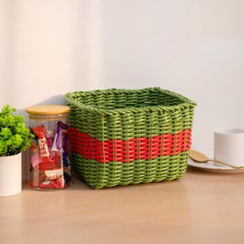 HODAKJUE Handwoven Plastic Wicker Storage Basket, Waterproof Red Green Stripe Organizer for Kitchen, Bathroom, Shelves & Pantry (9.84" x 7.67" x 6.3")