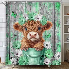 Cortina de ducha de vaca, rústico, floral, divertidas, para baño, diseño de margaritas occidentales, lindas flores y mariposas en el campo, decoración de baño con ganchos, 36 x 72 pulgadas