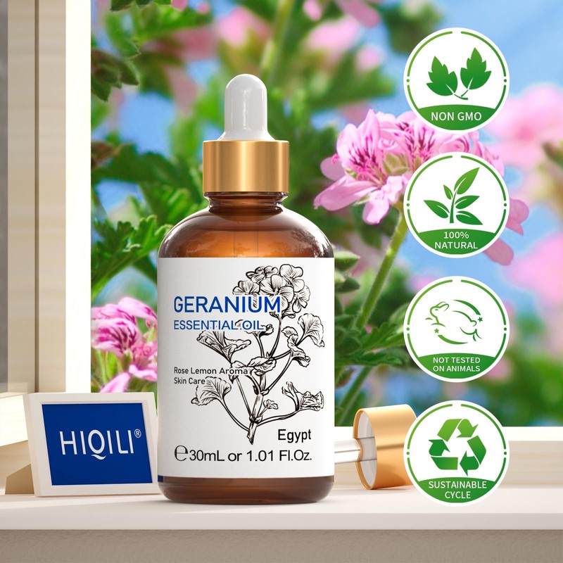 HIQILI 30ML Geranium Essential Oil， for Skin, Diffuser & Candle,