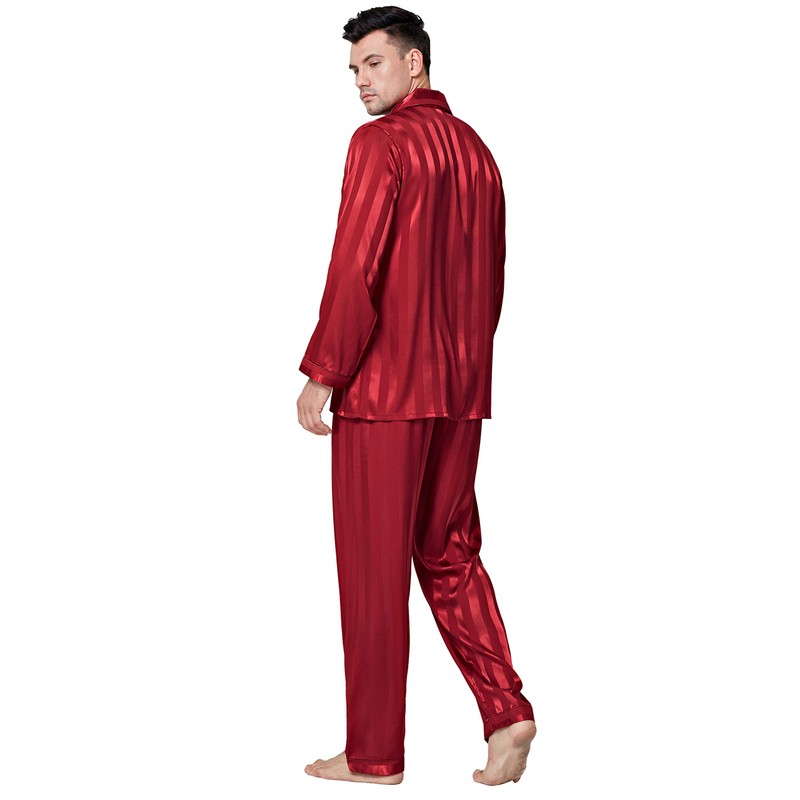 Mens Silk Satin Pajamas Set Sleepwear Loungewear Red L