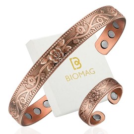 BioMag Copper Bracelet & Ring for Women, 99.99% Pure Copper Magnetic Bracelet Lymphatic Drainage Rings with 3500 Gauss Magnets, Adjustable & Flower Pattern