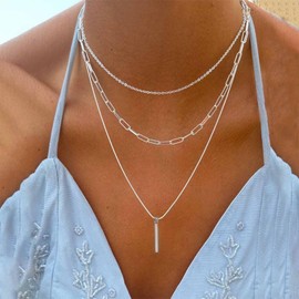 Aneneiceera Vintage Layered Bar Choker Necklace Silver Vertical Bar Pendant Necklace Chunky Paperclip Chain Necklace Oval Link Chain Necklace Jewelry for Women