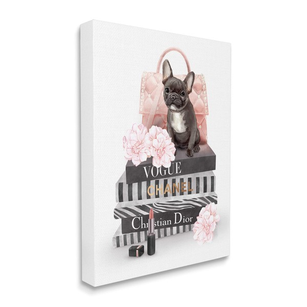 Stupell Industries French Bulldog Pink Peonies Glam Fashion Bookstack, Designed