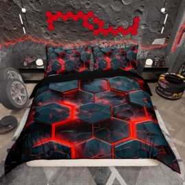 Loussiesd 3D Geometric Honeycomb Duvet Cover Set Double Size For Kids Boys Teens Hexagonal Geometry Bedding Set Modern Art Comforter Cover with 1 Pillowcase Stripe Line Beds Set