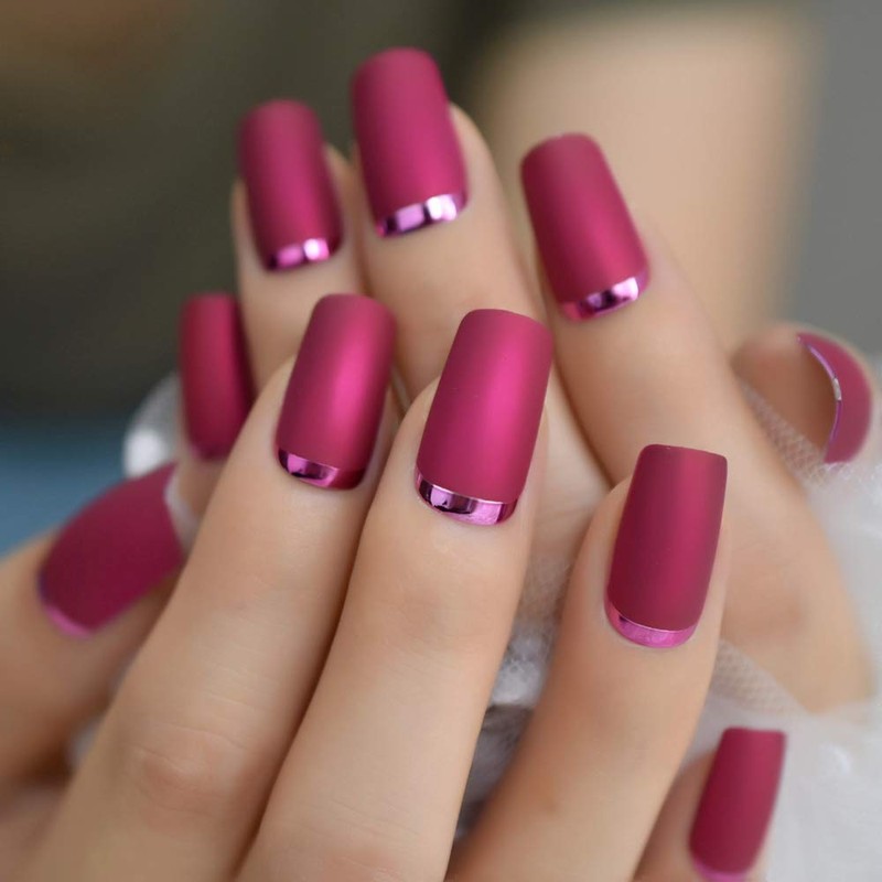 Slim Gorgeous Fake Nails Matte Rose Red with Metallic Moo