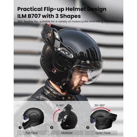 ILM Vintage Full Face Modular Motorcycle Helmet for Adults Men ATV UTV Snowmobile with 180° Reversible Chin Guard DOT ILM-B707(Gloss Black, M)