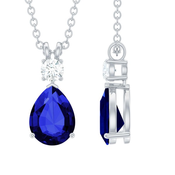 Teardrop Pendant with Blue Sapphire and Moissanite (White Gold Plated