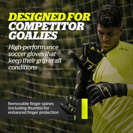 Storelli Gladiator Elite 3.0 Goalkeeper Gloves, Breathable High-Impact Hand Protection with 5 Removable Finger Spines, Premium Hand Grip for Soccer Goalies, 1 Pair, Black & Yellow, Size 10