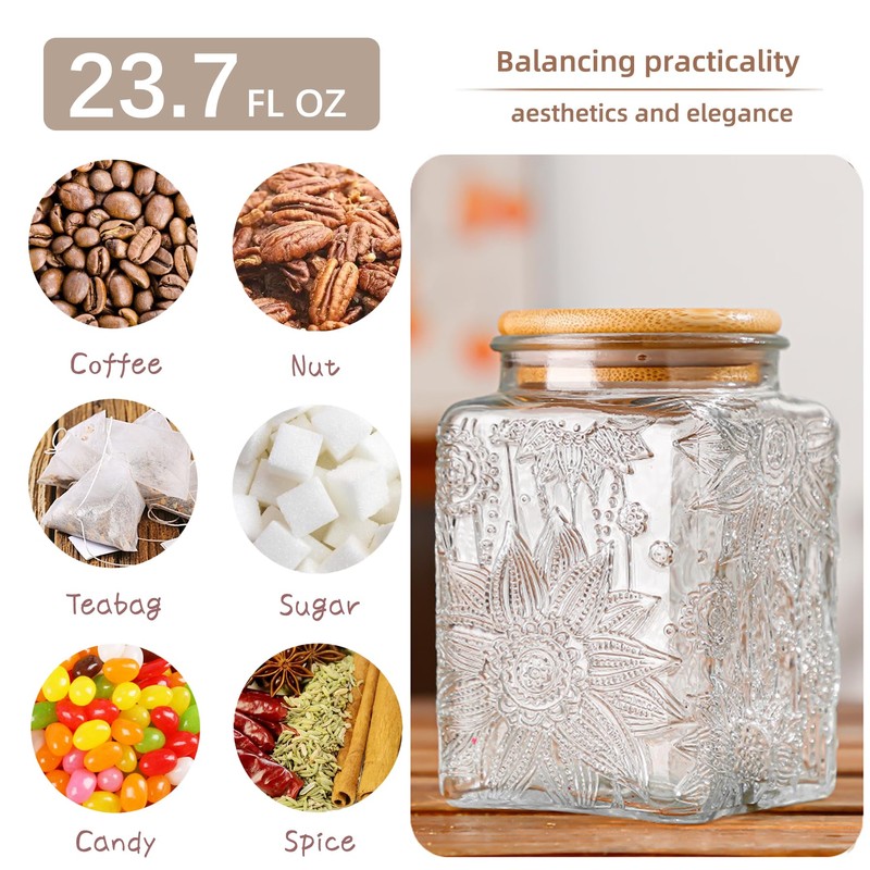 Glass Storage Jars With Airtight Lid, 23.7oz Canister For Kitchen