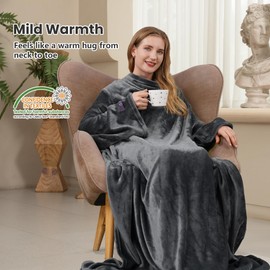 Winthome Portable Cuddly Blanket with Sleeves, Extra Soft TV Blanket, Sleeve Blanket, Lounge Blanket, Portable Full Body Blanket with Sleeves, Super Gift (Grey, 140 x 170 cm)