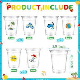 SYUCVQI 60 Pcs Summer Beach Plastic Cups 10 oz Clear Pool Cups Disposable PET Drinking Beverage Beach Ball Plastic Cup for Hawaiian Summer Pool Swimming Holiday Party Supplies
