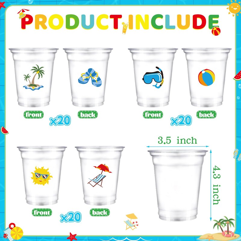 SYUCVQI 60 Pcs Summer Beach Plastic Cups 10 oz Clear