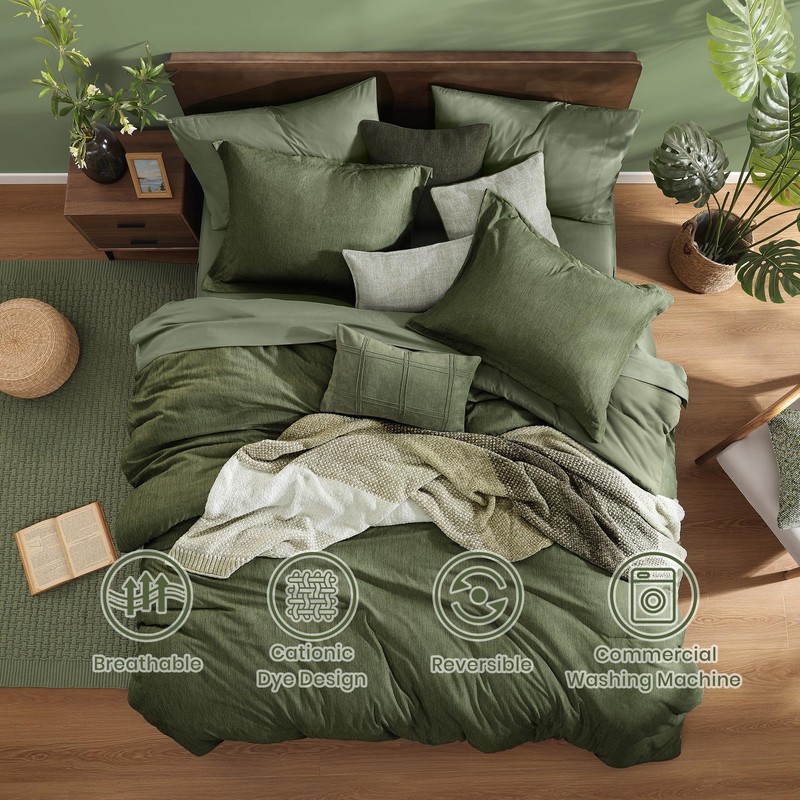 Monbix Queen Comforter Set - 7 Pieces Cationic Dyeing Olive
