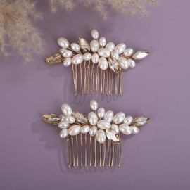 Teyglen Pearl Wedding Hair Comb Simple Rhinestone Pearl Hair Piece Bride Headpiece Bridal Crystal Pearl Hair Comb Elegant Hair Accessories for Women (Champagne)