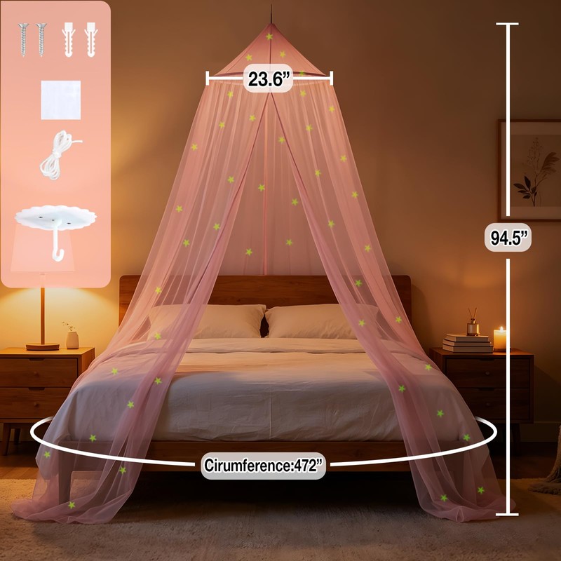 WIYIXI Glowing Stars Pink Bed Canopy for Princess Netting Room