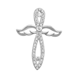 North Arrow Shop Cross with Angel Wings Necklace, Sterling Silver 925, Simulated Clear CZ Stones (16)