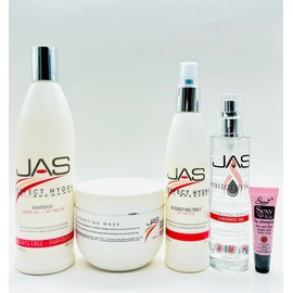 JAS Perfect Hydra Anti-breakage Shampoo & Conditioner 16 oz, Hydrating Mist 8 oz & Serum 5 fl oz with Linseed Oil + Soy Protein "Free Starry Sexy Kiss Lip Plumping 10 Ml“