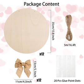 12 Pcs 14 Inch Wood Circles for Crafts Unfinished Wooden Slice Blank Round Wooden Door Hanger Sign Round Wooden Discs with Bows,Twine, Glue Point for DIY Craft Christmas Home Holiday Decor,5 mm Thick