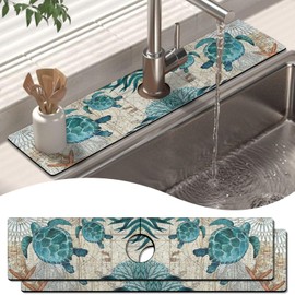 2 Pack Kitchen Sink Splash Guard Faucet Mat 24" X 5.5" Sea Turtle Absorbent Fast Drying Mat Faucet Draining Mat Sink Splash Guard Behind Faucet Drip Catcher for Kitchen Bathroom
