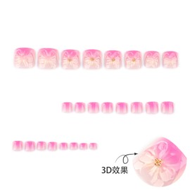 24Pcs 3D Embossed Flower Press On Toenails for Women,Colorful Gradient French Tips Fake Toe Nails Press ons Nail Art Tip with Flower Gold Bead Rhinestones Design Acrylic False Toe Nails for Women