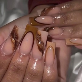 Hkanlre Long Square Fake Nails Tips French Press on Nails Full Cover False Marble Nails for Women 24PCS