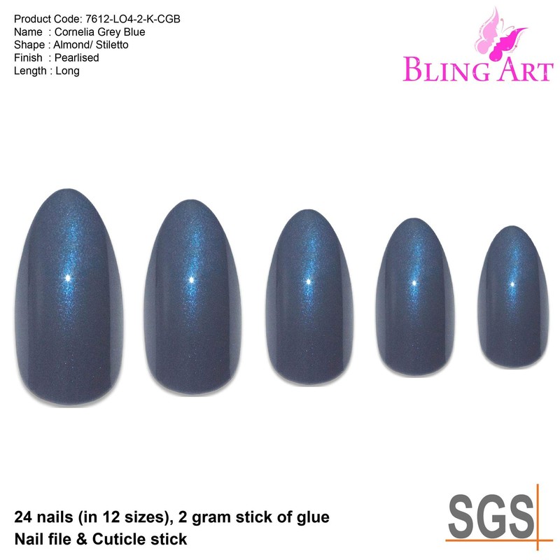 False Nails by Bling Art Grey Glitter Almond Stiletto 24