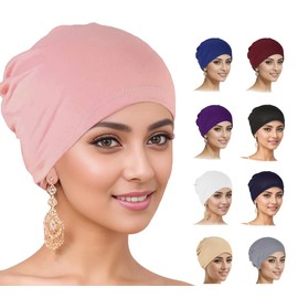 syxwRS 9 Pcs Solid Women Chemo Hat Loss Beanies Hats,Stretchy Turban Beanie,Pre Tied Chemo Head Scarf Beanie Skull Cover Cap Sleeping Cap Headwear for Women