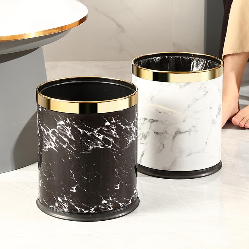 Luxury Metal Waste Bin with Leather Cover,Open Top Office Wastebasket,Double