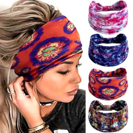 SAWINDA Boho Headbands Wide Knot Hair Band Elastic Turban Head Band Stretch Flowers Print Head Wraps Cloth Yoga Sweartband Fashion Hair Accessories for Women and Girls (Pack of 4)