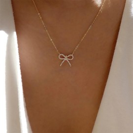 Cybche Boho Rhinestone Bow Necklace Crystal Bow Choker Necklace Gold Bowknot Pendant Necklace Tiny CZ Bow Tie Necklace Sparkling Crystal Bow Chain Necklace Jewellery for Women, Zinc, No Gemstone