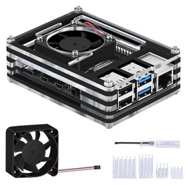 GeeekPi Acrylic Case for Raspberry Pi 4 Model B with 40 x 40 x 10 mm Fan and 4 Heatsinks (Only for Pi 4) (Black and Clear)