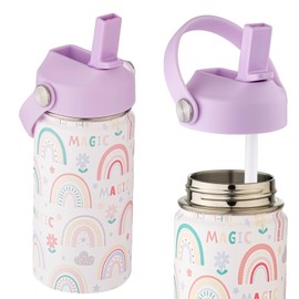 Insulated Water Bottle for KIds with Straw-12oz, Stainless Steel Water Bottle, Double Walled Thermal Cup with Handle Lid, Leakproof Wide Mouth Reusable Sports Bottle-White Rainbow L