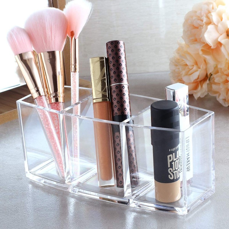 Top-Spring Makeup Brush Holder Organizer, 3 Slot Acrylic Makeup Brush