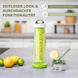 bremermann Carafe 2-in-1 – with Removable Infuser Stick and Citrus Juicer, 1.1 Litre Capacity, Drinks Bottle with Leak-Proof Lid, Plastic, Green