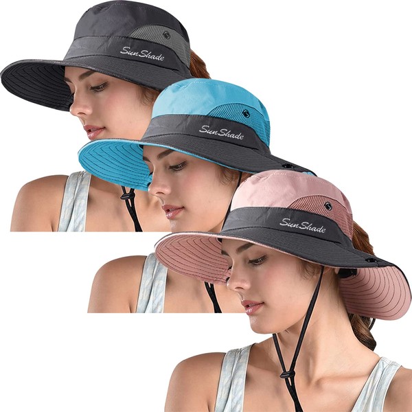 ZOORON Paquete de 2 sombreros de sol para mujer con cola de caballo, protección UV de ala ancha, sombrero plegable para pesca de verano, Rosa+gris+azul
