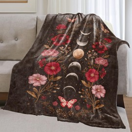 olpddz - Manta de franela floral y mariposa lunar, regalo para amantes celestiales, 60 x 50 pulgadas, manta gótica bohemia con lunar, flor roja y polilla, para recámara, sofá, sala de estar, camping