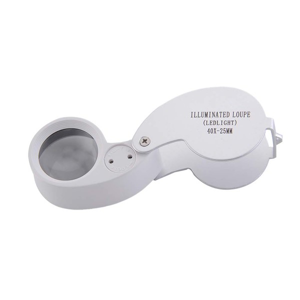 Illuminated Jewelers Eye Loupe Magnifier, 40X Foldable Magnifying Glass with Bright LED Light for Gems, Rocks, Stamps, Coins, Watches, Hobbies etc