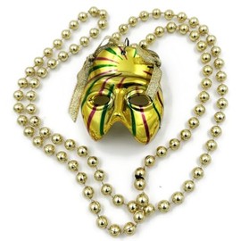 Gold Color Mask with PGG Trim & Ribbons Mardi Gras Bead Necklace New Orleans