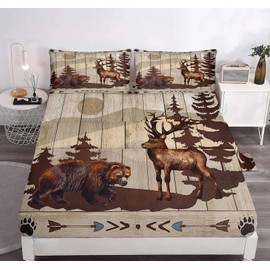 LUVIVIHOME 4PCS Brown Bear Sheets Set, Queen Bed Sheets, Deer Bedding, Moose Elk Woodland Animal Wildlife Hunting Lodge Rustic Cabin Farmhouse Bedding, 1 Fitted Sheet & 1 Flat Sheet with 2 Pillowcases