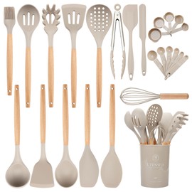 Silicone Cooking Utensils Set with Holder, BPA Free Silicone Utensils Set for Cooking, 446°F Heat Resistance Wooden Handle Kitchen Utensil Spatula Spoon Tongs Non-stick Kitchen Gadgets (Khaki)