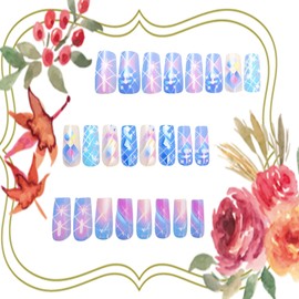 LOPMNGHT Press on Nails Medium Square Colorful Smudge Stripes Pattern Design Gradient False Nail Blue Glitter Artificial Stick on Nails Acrylic Manicure Reusable Glossy Glue on Nails for Women 24Pcs