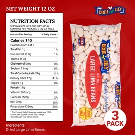 Dixie Lily - Large Lima Beans - Dried Beans for Cooking, Quick Soak & Slow Cooker Options, Non-GMO, Great for Soups & Sides - 12oz, 3 Pack