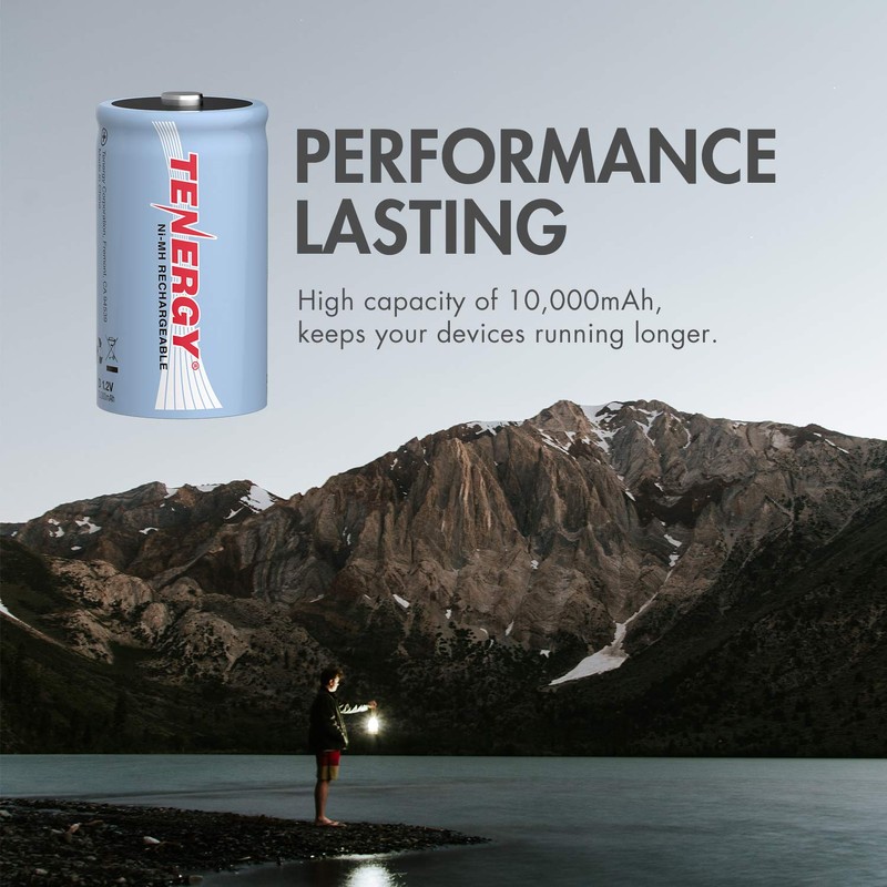 Tenergy 10000mAh NiMH D Battery, Rechargeable High Capacity D Size